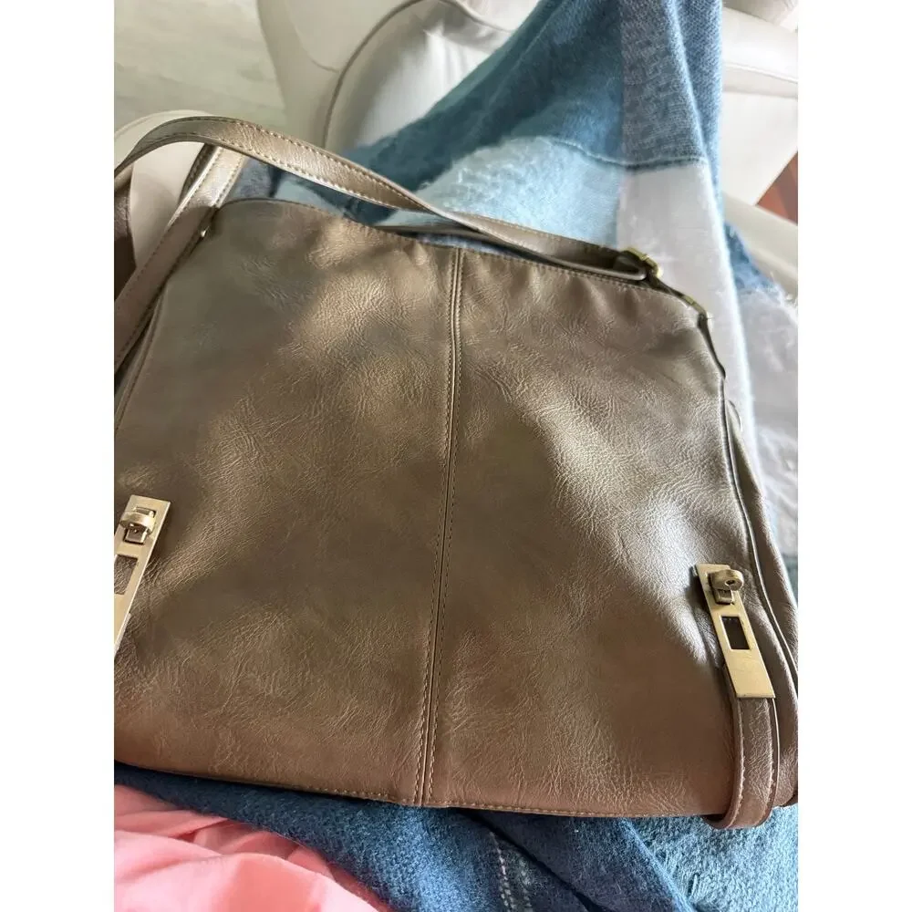 MMS Taupe Metallic Shoulder Bag Large Faux Leather‎ Hobo Purse Gold Hardware
